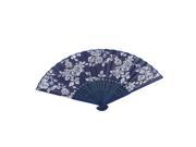 Unique Bargains Rose Printed Bamboo Frame Fabric Folding Hand Fan White Navy Blue