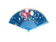 Chinese Style Plastic Ribs Fabric Flower Print Folding Hand Fan Blue