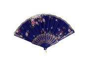Unique Bargains Chinese Style Plastic Frame Fabric Floral Printed Folding Hand Fan Dark Blue