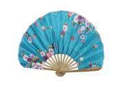 Unique Bargains Party Decor Bamboo Frame Fabric Blooming Flower Printed Folding Hand Fan Teal