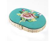 Unique Bargains Oval Shape Embroidered Flower Pattern Mini Pocket Makeup Cosmetic Mirror Cyan