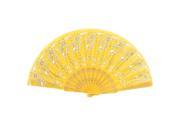 Unique Bargains Dancing Chinese Style Gold Tone White Flower Leaf Print Foldable Hand Fan Yellow