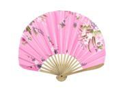 Unique Bargains Flower Printed Coffee Color Bamboo Ribs Foldable Hand Fan Decoration Pink