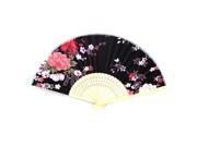 Beige Bamboo Ribs Collapsible Multicolors Flowers Print Black Cloth Hand Fan