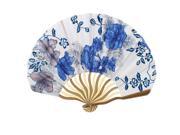 Bent Bamboo Handle Flower Print Silk Blend Foldable Craft Hand Fan White Blue