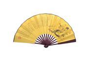 Unique Bargains Foldable Verse Pattern Yellow Fabric Cloth Brown Bamboo Frame Hand Fan