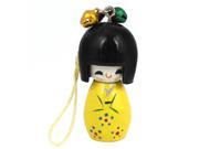 Yellow Wooden Japanese Kokeshi Doll Bells Pendant Decoration Cell Phone Strap