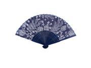 Floral Print Navy Blue Bamboo Hollow Out Frame Folding Hand Fan for Lady