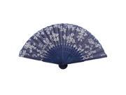 Chinese Style Bamboo Handle Fabric Flower Pattern Folding Hand Fan Navy Blue