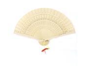 Unique Bargains Floral Pattern Carved Wooden Folding Fan w Red Yellow Tassel