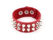 Lady Metal Spike Decor Faux Leather Adjustive Wide Cuff Bracelet Bangle Red