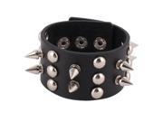 Unisex Metal Spike Decor Faux Leather Button Adjustive Bracelet Bangle Black