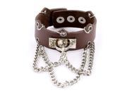 Unisex Faux Leather Chain Decoration Adjustive Cuff Bracelet Bangle Dark Brown