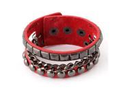 Faux Leather Adjustable Rivets Chain Decor Press Stud Button Cuff Bracelet Red