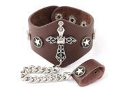 Faux Leather Cross Star Studs Decor Press Button Buckle Bracelet Ring Brown