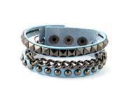 Women Faux Leather Adjustable Rivets Chain Decor Press Stud Button Cuff Bracelet