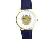 Woman Blue Faux Leather Belt Owl Pattern Casual Analog Quartz Wrist Watch