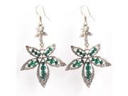 Pair Green Bead Inlaid Maple Leaf Design Metal Hook Earrings Eardrops for Women
