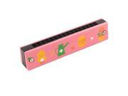 Unique BargainsWooden Frame Cartoon Pattern Dual Rows 32 Holes Harmonica Pink