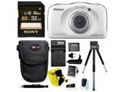 Nikon COOLPIX S33 Waterproof Camera White with 32GB Accessory Bundle