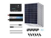 RENOGY® Solar Complete Kit 400W Poly Four 100W Poly Solar Panels One 30A PWM Controller One 1000W Inverter Three Pairs of MC4 Connectors One Pair of MC4 Solar