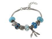 Silvertone 7 1.5 Extension Murano style Blue Glass Beads with Feather Charms Bracelet