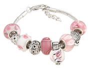 Silvertone 7 1.5 Extension Murano style Pink Glass Beads with Circle Charm Floral Bracelet