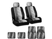 New and Unique YupBizAuto Brand 8 Pieces Safari Snow Leopard Print Universal Size Car Truck SUV Front Seat Covers and Floor Mat Set High Quality Velour and Mesh