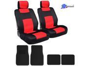 8 Piece Universal Mesh and Synthetic Leather Bucket Car Truck Seat Covers with 4 Black Carpet Floor Mats Set Black Red