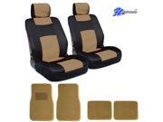 New 8 Pieces YupBizauto Brand Sleek and Elegant Design Universal Size Mesh and Synthetic Leather Bucket Car Truck Seat Covers with 4 Tan Color Carpet Floor Mats