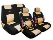 Universal Low Back Synthetic Leather Seat Covers with Embroidery Flame Logos Black and Tan color