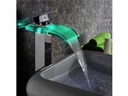 LED Brass Waterfall Bathroom Sink Faucet With Glass Spout