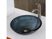 Elite Double Layered Clear Tinted Blue Tempered Glass Bowl Vessel Sink with Smokey Black Swirls and Brushed Nickel Pop up Drain and Mounting Ring 48N P01008BN