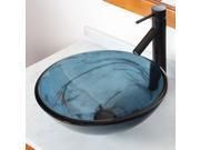 Elite Double Layered Clear Tinted Blue Tempered Glass Bowl Vessel Sink with Smokey Black Swirls and Oil Rubbed Bronze Pop up Drain and Mounting Ring 48N P0100