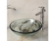 Elite Double Layered Clear Tempered Glass Bowl Vessel Sink with Smokey Grey Swirls and Brushed Nickel Pop up Drain and Mounting Ring 49N P01008BN