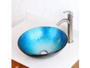 Elite Metallic Blue Hand Painted Foil Pattern Bathroom Round Bowl Vessel Sink w Solid Black Underside and Brushed Nickel Pop up Drain and Mounting Ring 1203