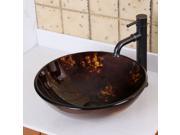 Elite Abstract Tortoiseshell Hand Painted Pattern Bathroom Vessel Round Bowl Sink w Matching Color Palette Underside and Oil Rubbed Bronze Pop up Drain and Mou