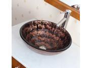 Elite Cascading Copper Flow on Black Hot Melted and Hand Painted Pattern Bathroom Vessel Round Bowl Sink w Dark Brown Underside and Brushed Nickel Pop up Drain