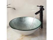 Elite Silver Hand Painted Foil Pattern Bathroom Vessel Round Bowl Sink w Matching Color Textured Underside and Oil Rubbed Bronze Pop up Drain and Mounting Ring