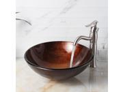 Elite Neutral to Dark Bronze with Dark Brown Tremor Lines Handcrafted Glass Bowl Vessel Sink and Brushed Nickel Pop up Drain and Mounting Ring 1312 P01008BN