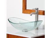 Elite Clear Boat Shaped Tempered Glass Bowl Bathroom Vessel Sink with Elite Tall Single Handle Lever Brushed Nickel Bathroom Faucet with Horizontal Dip Tip Spou