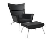 Wegner Style ch445 Wing Chair Ottoman in Black Leather