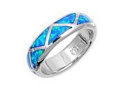 Stylish Sterling Silver Ring with Blue Lab Created Opal Inlays perfect as a wedding band Size 7