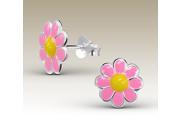 Colorful Children s Sterling Silver and Bright Pink Enamel Chamomile Stud Earrings