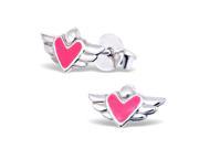 These Childrens Pink Heart with Wings Earrings in Sterling Silver and Pink Enamel will Make Your Heart Fly.