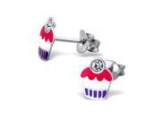 Sweet Pink Purple and White Enamel Children s Sterling Silver Cupcake Earrings with a Crystal on top
