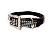 Black Leather Dog Collar with 4 Rows of High Quality Clear Rhinestones And Rinestone Buckle Size M