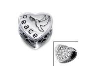 Cheneya ?Peace? and Flying Dove Heart Bead in Sterling Silver with Crystal Stones