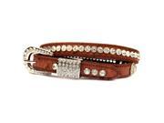 Narrow Camel Brown Genuine Leather Belt Decorated with Clear Rhinestones Size S M