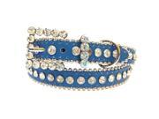 Blue Leather Belt Decorated with High Quality Clear Rhinestones and Rhinestone Belt Buckle Size S M